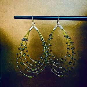 Large Green Multicolored Beaded Earrings 3.25” Lightweight,Colorful,Fun Dangles